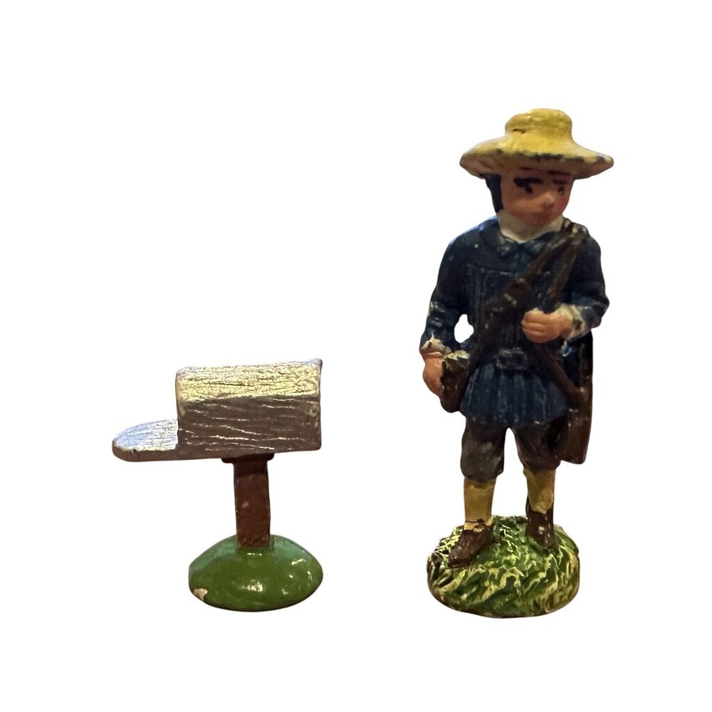 Vintage 98IRS China Lead Figure Man Carrying Rifle & Mailbox 1.25" Hand Painted